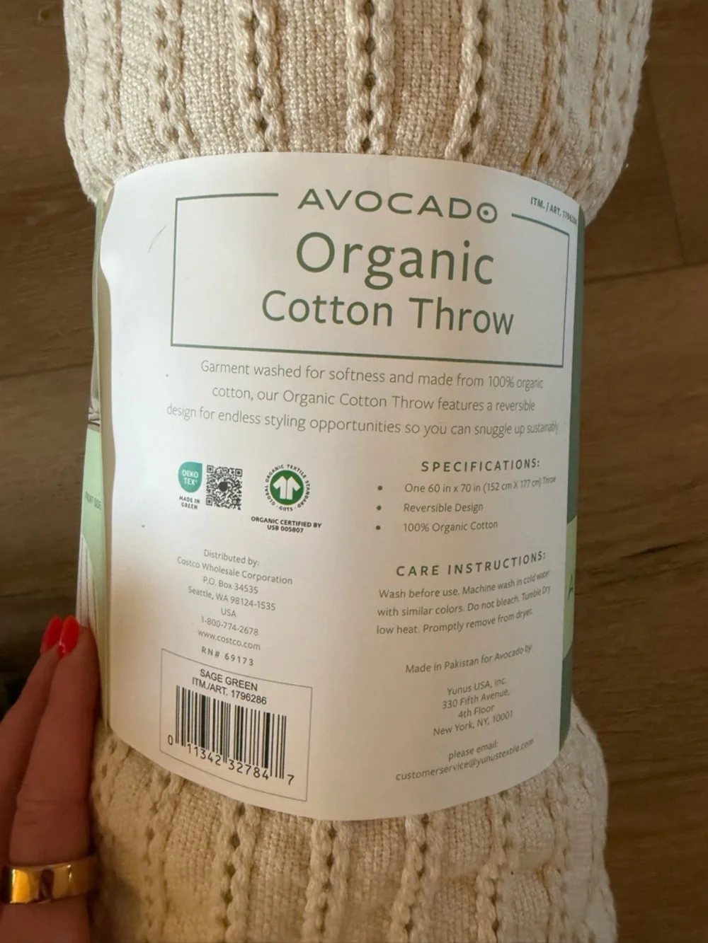New Avocado Organic Cotton Beige Green Stripe Throw Blanket